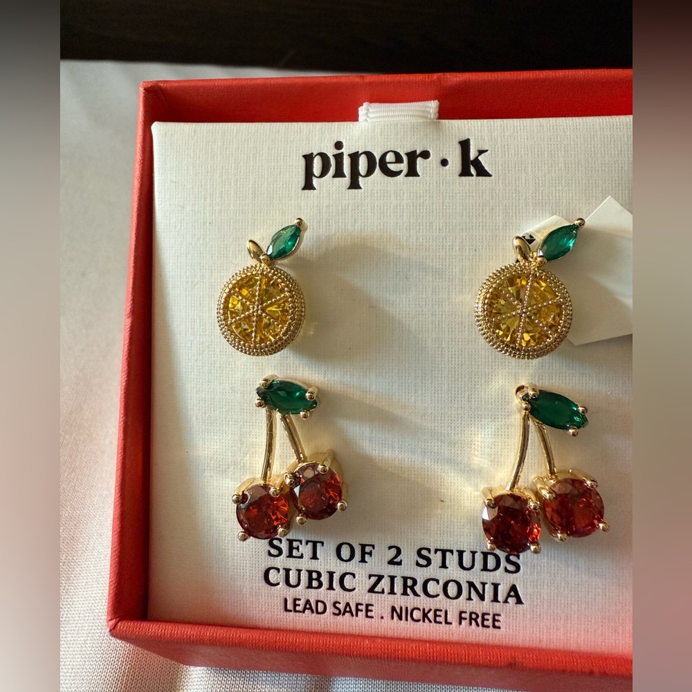 Piper K Lemon and Cherry Cubic Zirconia Stud Earrings NWT NIP